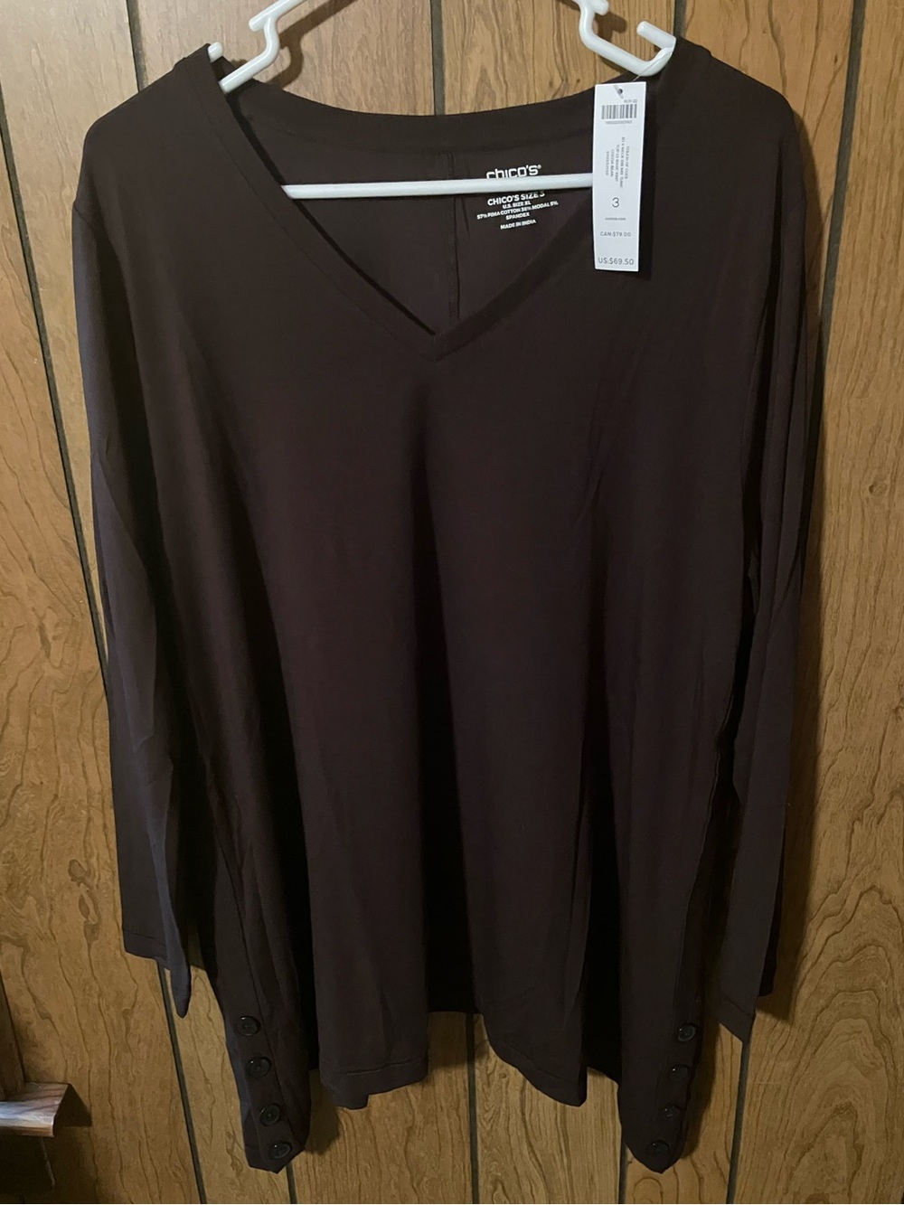 Chico's Women's V-Neck Long Sleeve Top in Dark Brown with button details